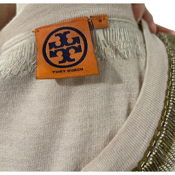 Tory Burch 100% Merino Wool V Neck Sweater with Beaded Neckline Size M EUC - Picture 2 of 5